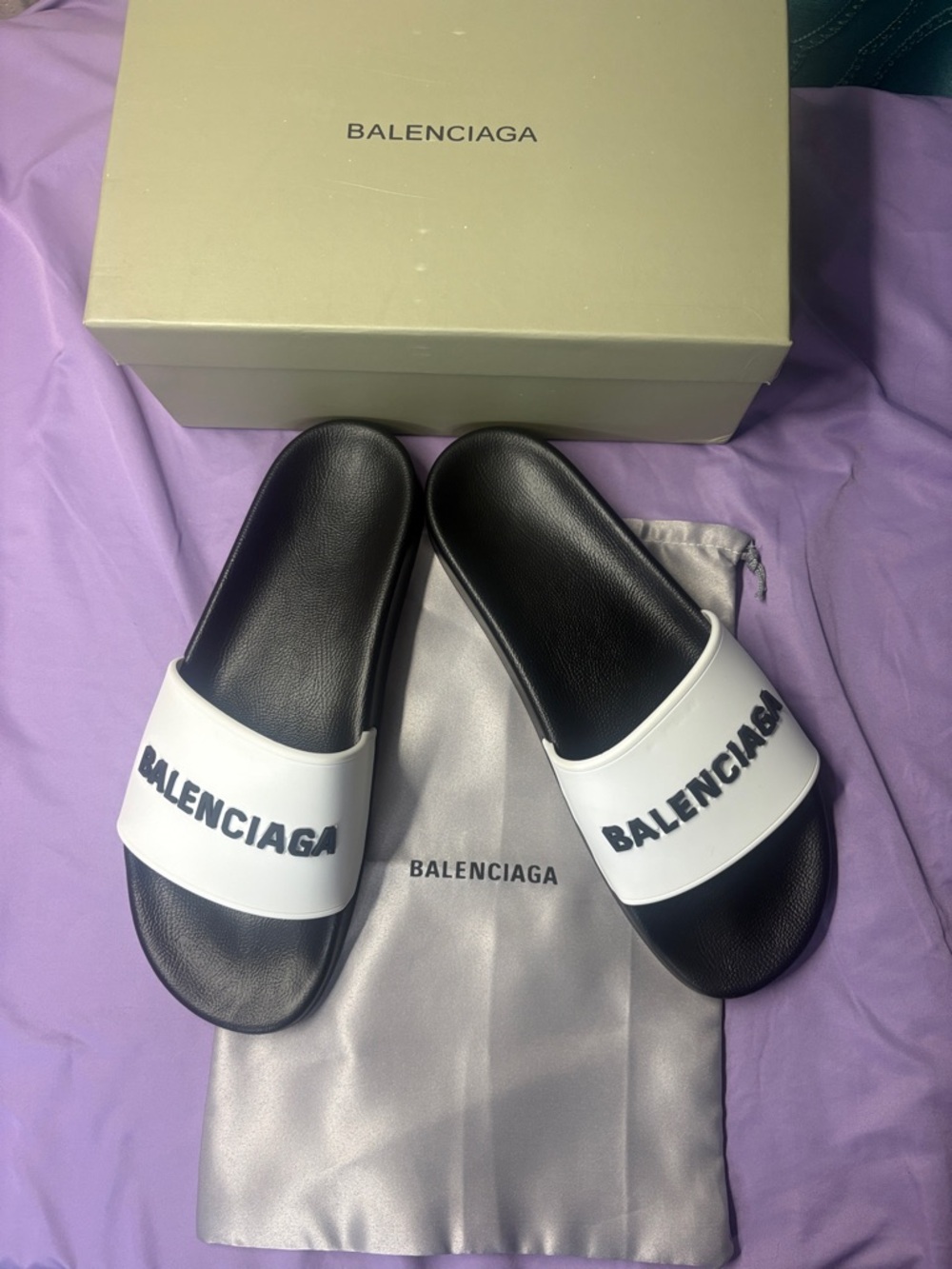 Balenciaga Black & White Logo Slide Sandals